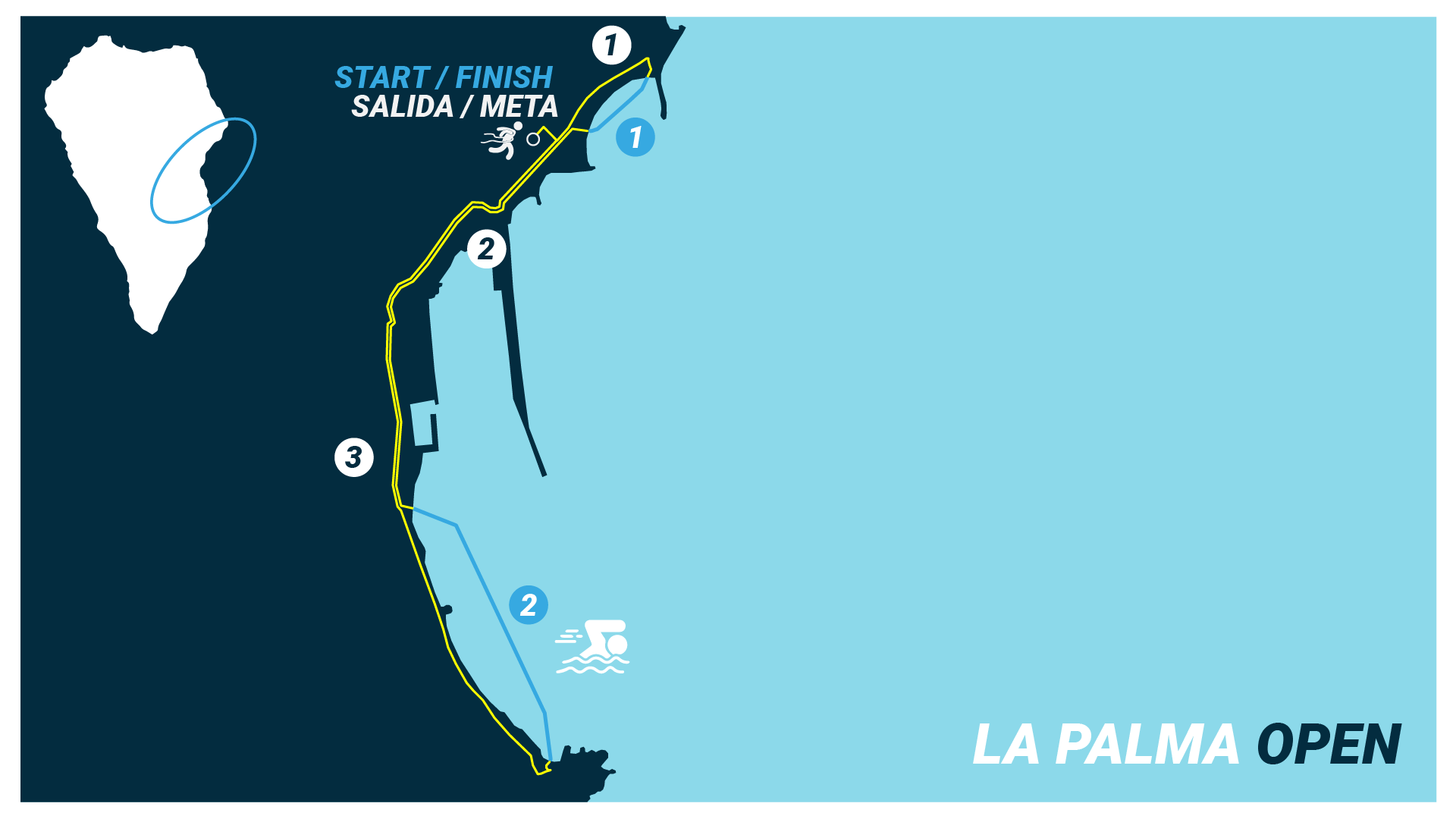 Map of the La Palma Open 2024 swimrun event. Map of the La Palma Open 2024 swimrun event.