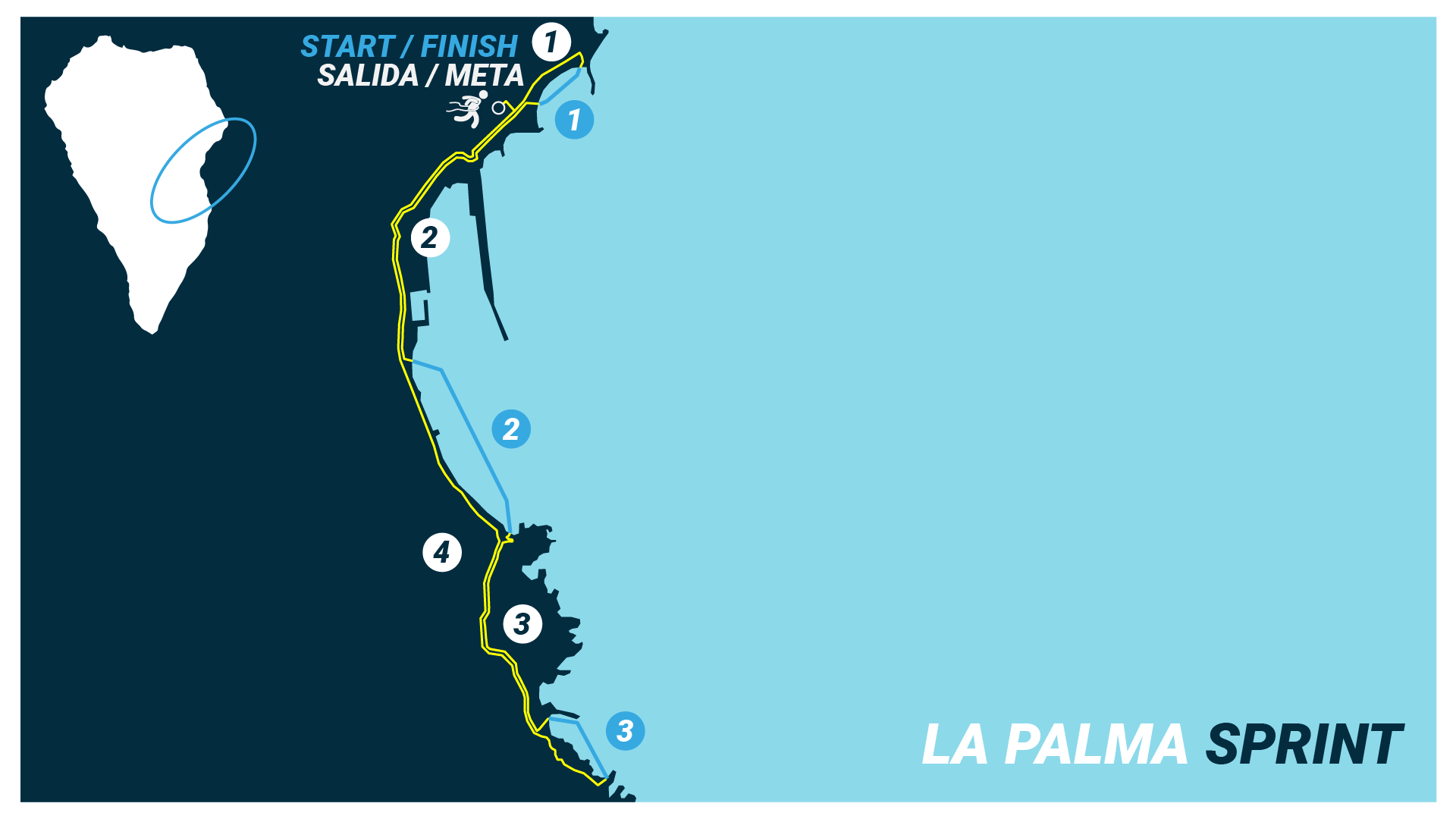 Map of the La Palma Open 2024 swimrun event. Map of the La Palma Open 2024 swimrun event.