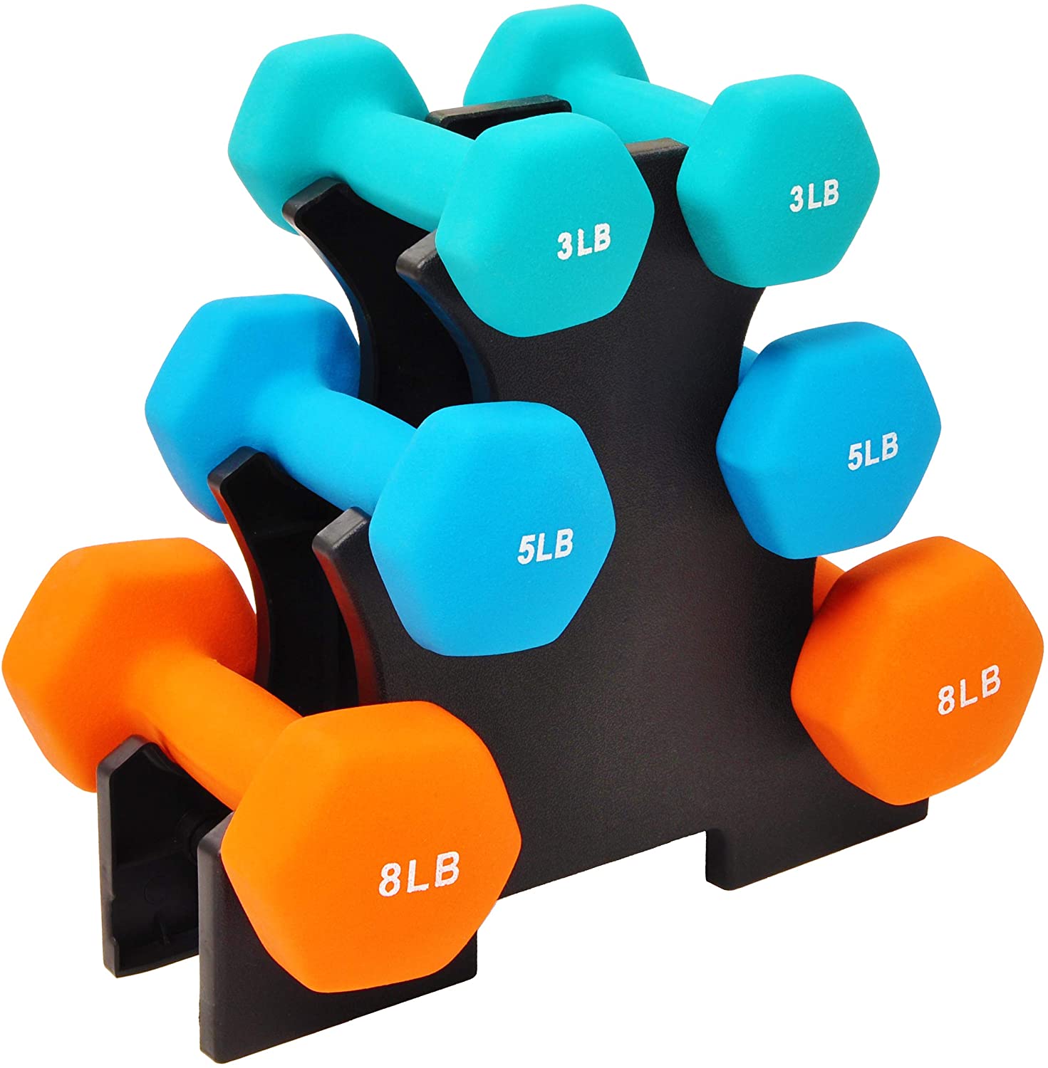 A stack of hand weights in different colors for the gymn
