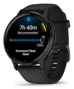 A black Garmin Venu 3 watch with digital display