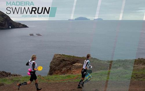 Madeira Swimrun Portugal Cover image showing two swimrunners running along a cliff