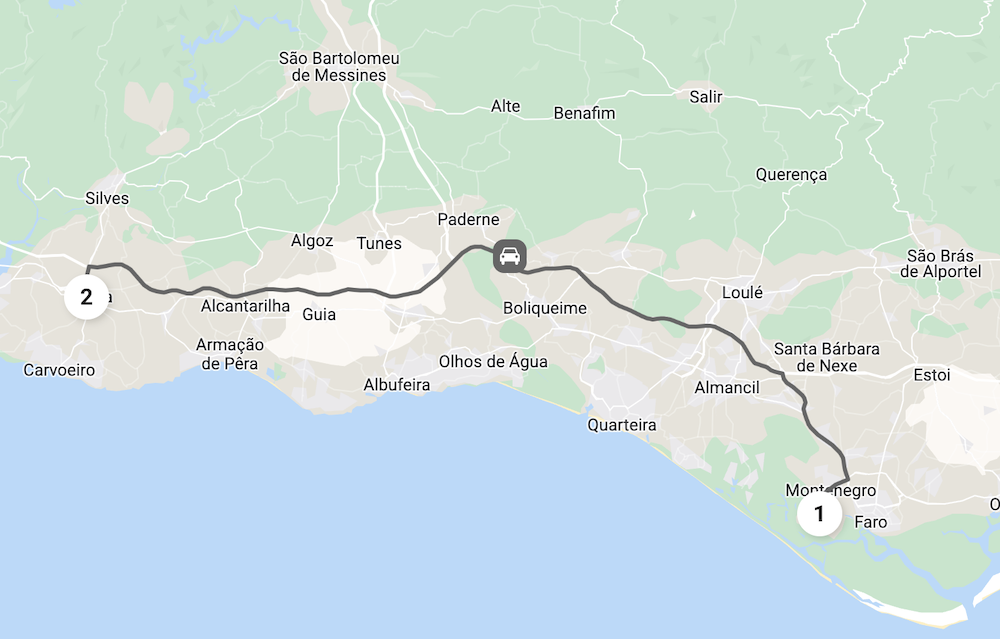 Map of the Algarve coast from Faro to Lagoa