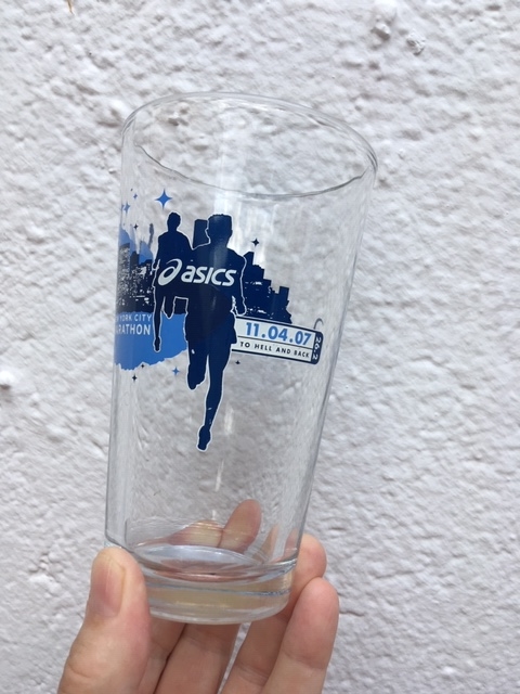 A New York Marathon finisher's glass tumbler A New York Marathon finisher's glass tumbler