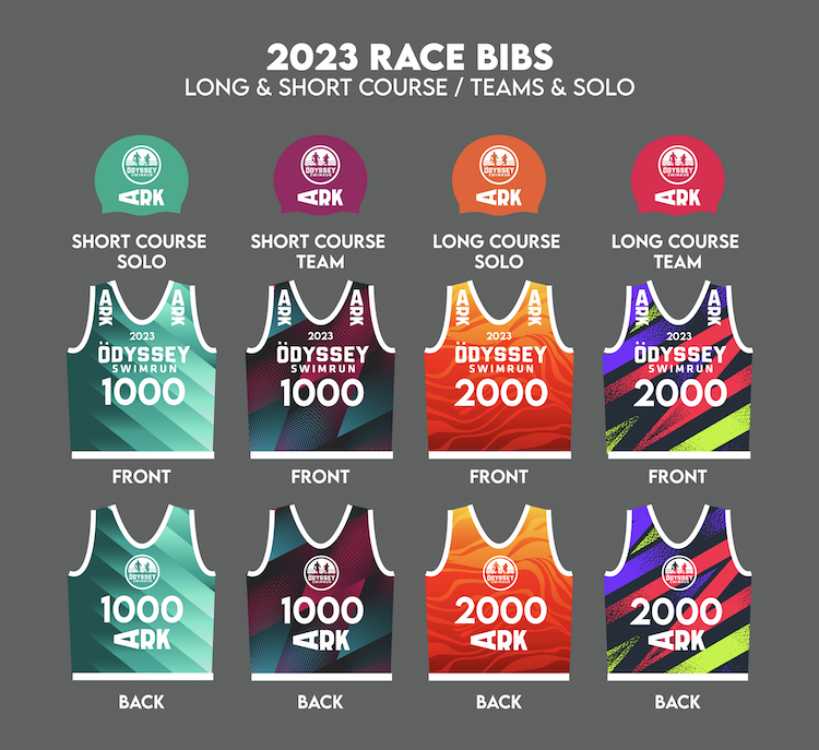 Odyssey 2023 competitors' bibs in different colors. Odyssey 2023 competitors' bibs in different colors.
