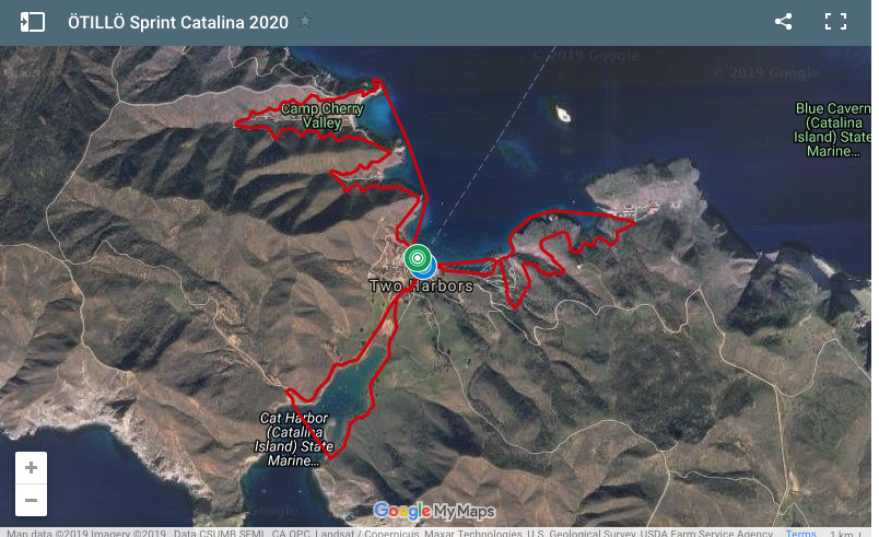 A Google map of the route for the Ötillö Swimrun Catalina Island sprint distance event