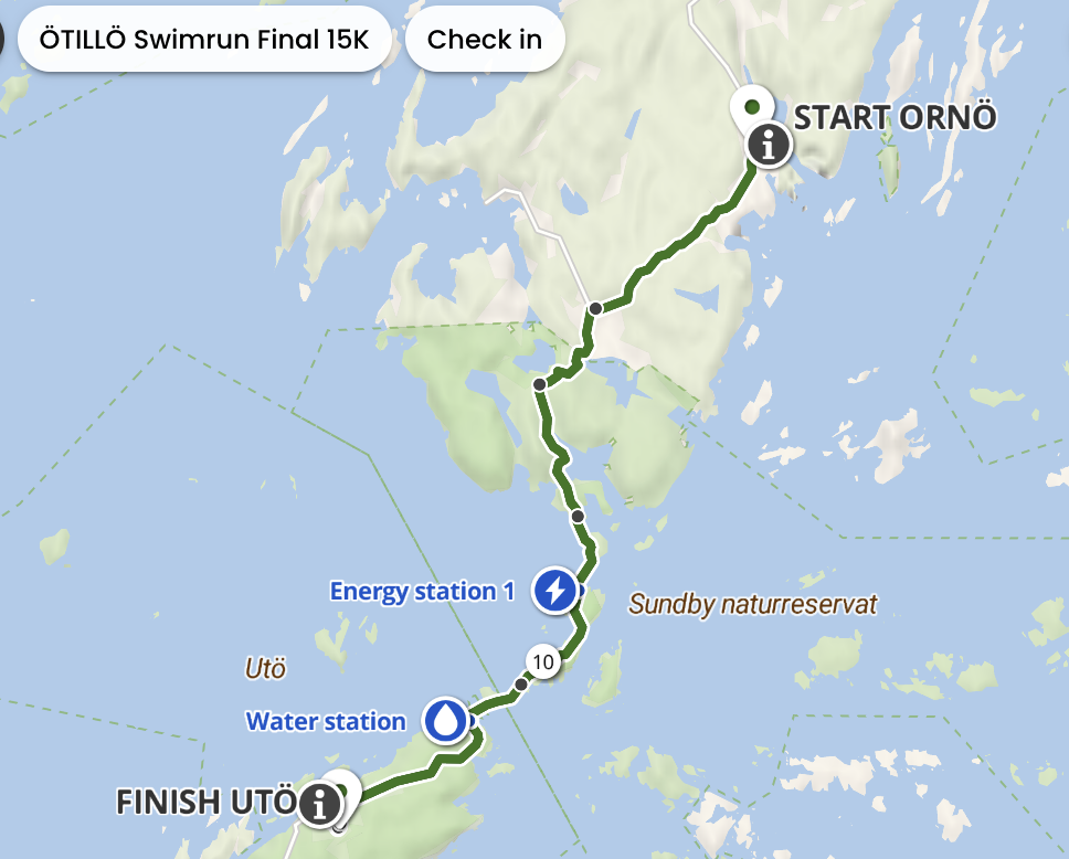 Otillo Final 15K route map of the swimrun race from Ornö to Utö