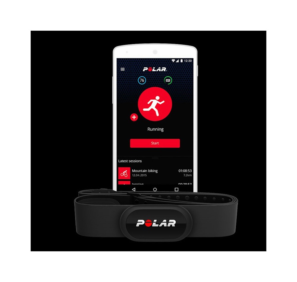 Polar H10 Heart monitor with black and red display on a smart phone