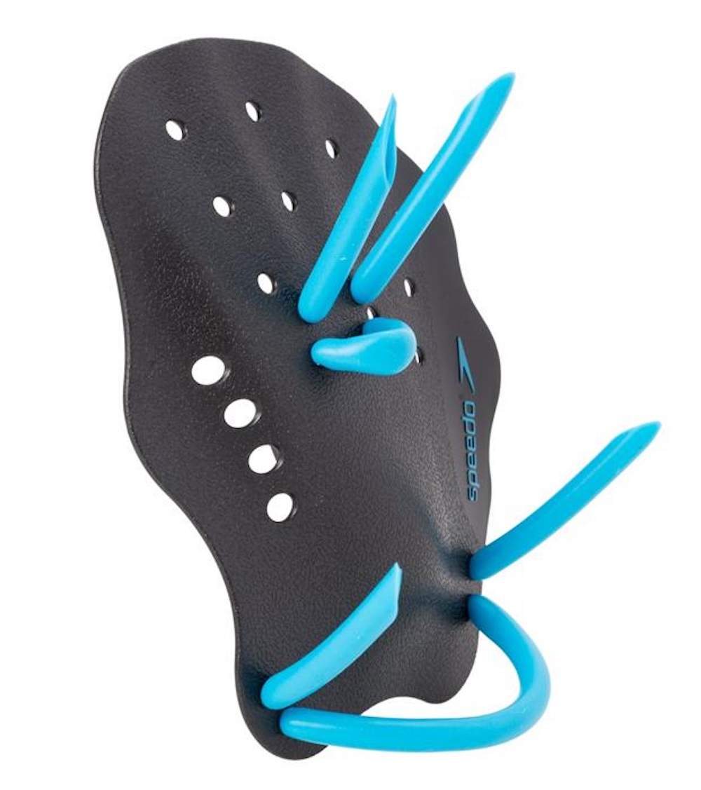 A black Speedo Nemesis Contour 2 paddle with blue silicone straps
