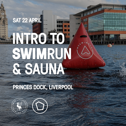 Swimrun Workshop Liverpool advertisement with a red buoy floating on water in a dockyard.