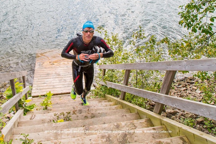 Mudskipper Welland swimrun water exit, up wooden steps from the canal. Mudskipper Welland swimrun water exit, up wooden steps from the canal.