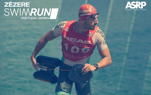 A swimrun competitor in a red top and cap at Zezere Swimrun Portugal