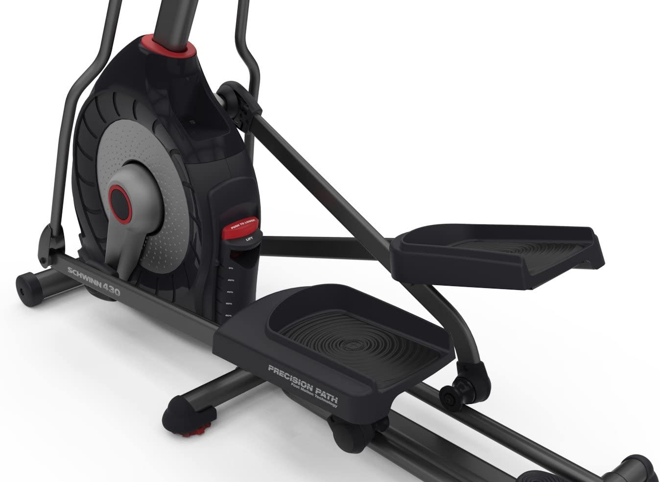 The foot rests and front wheel on a Schwinn 430 elliptical trainer