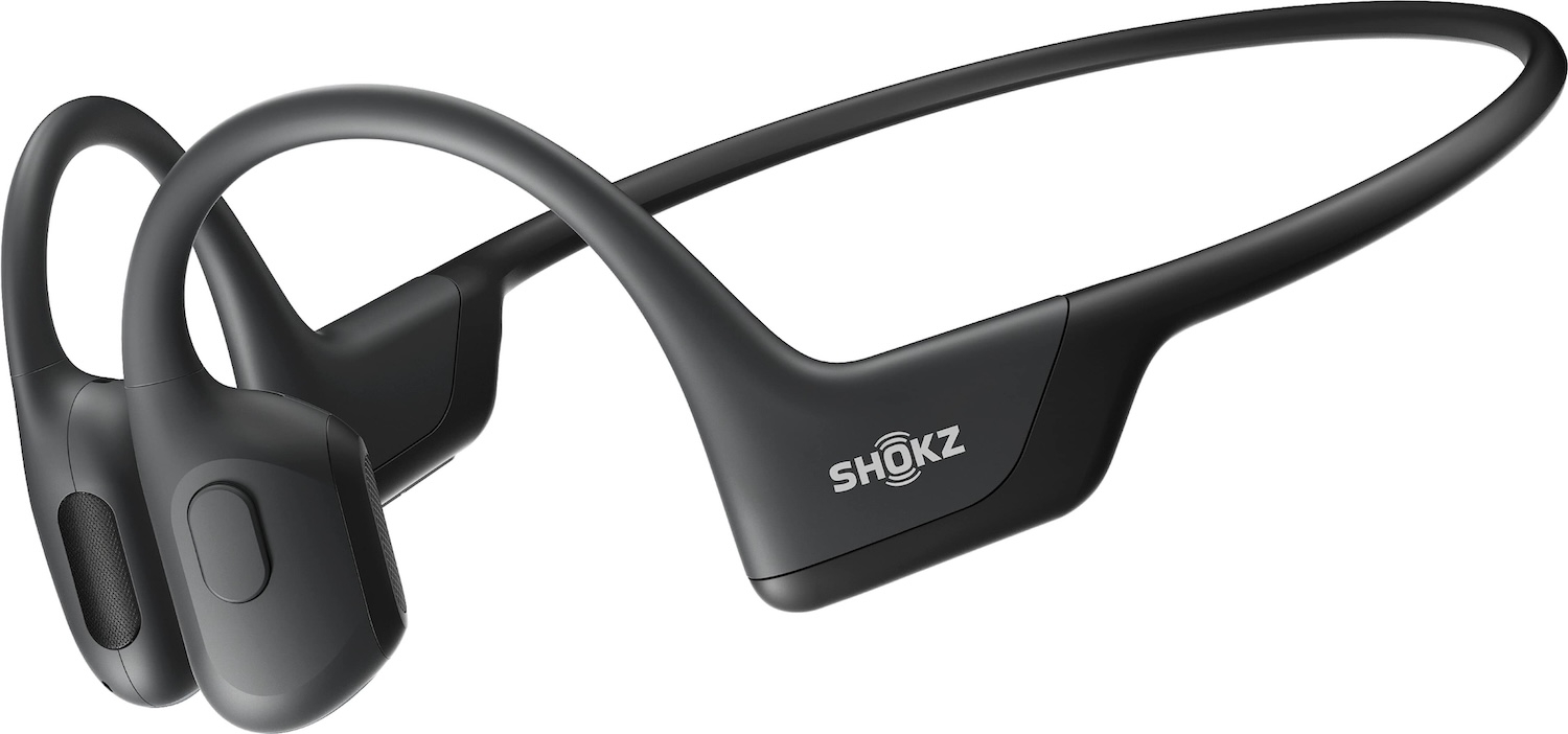 Black Shokz OpenRun Pro2 bone conduction headphones against a white background