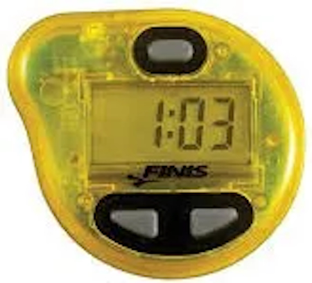 A yellow FINIS tempo trainer device in close-up