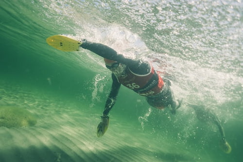 Swimrun paddles underwater action